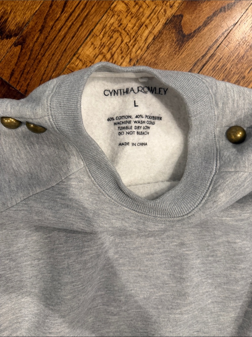 Cynthia Rowley Light Gray Crewneck Sweatshirt with Brass Button Trim - Picture 2 of 3